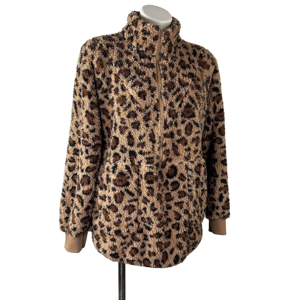 Rapbin Faux Sherpa Fleece‎ Animal Print Pullover 1/4 Zip 2 Zip Pockets Womens M